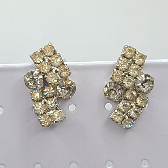 Vintage Rhinestone Clip on Earrings,  silvertone - Picture 2 of 4